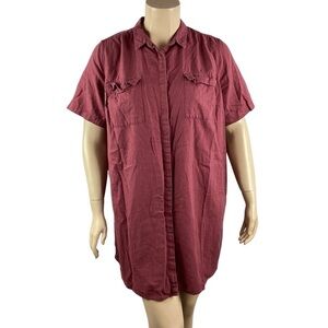 Ellos Red Linen Blend Short Sleeve Button Front Shirt Dress Size 22 Plus